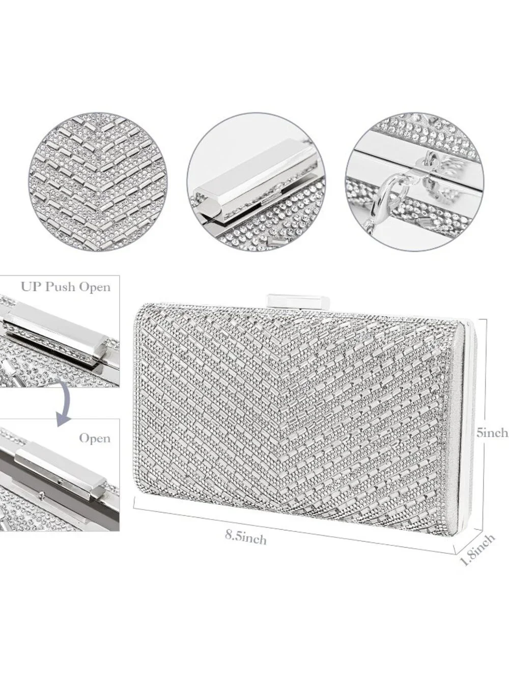 👜 Women's Silver Sparkly Rhinestone Clutch for Bridal Glitter Metal Clasp Purse